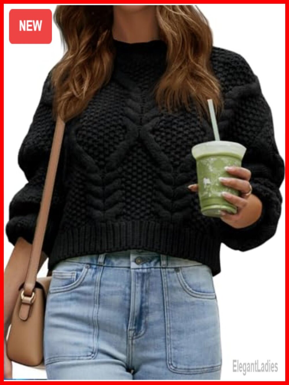 Cable Knit Cropped Sweater Chunky Puff Long Sleeve Crewneck Loose Pullover Top